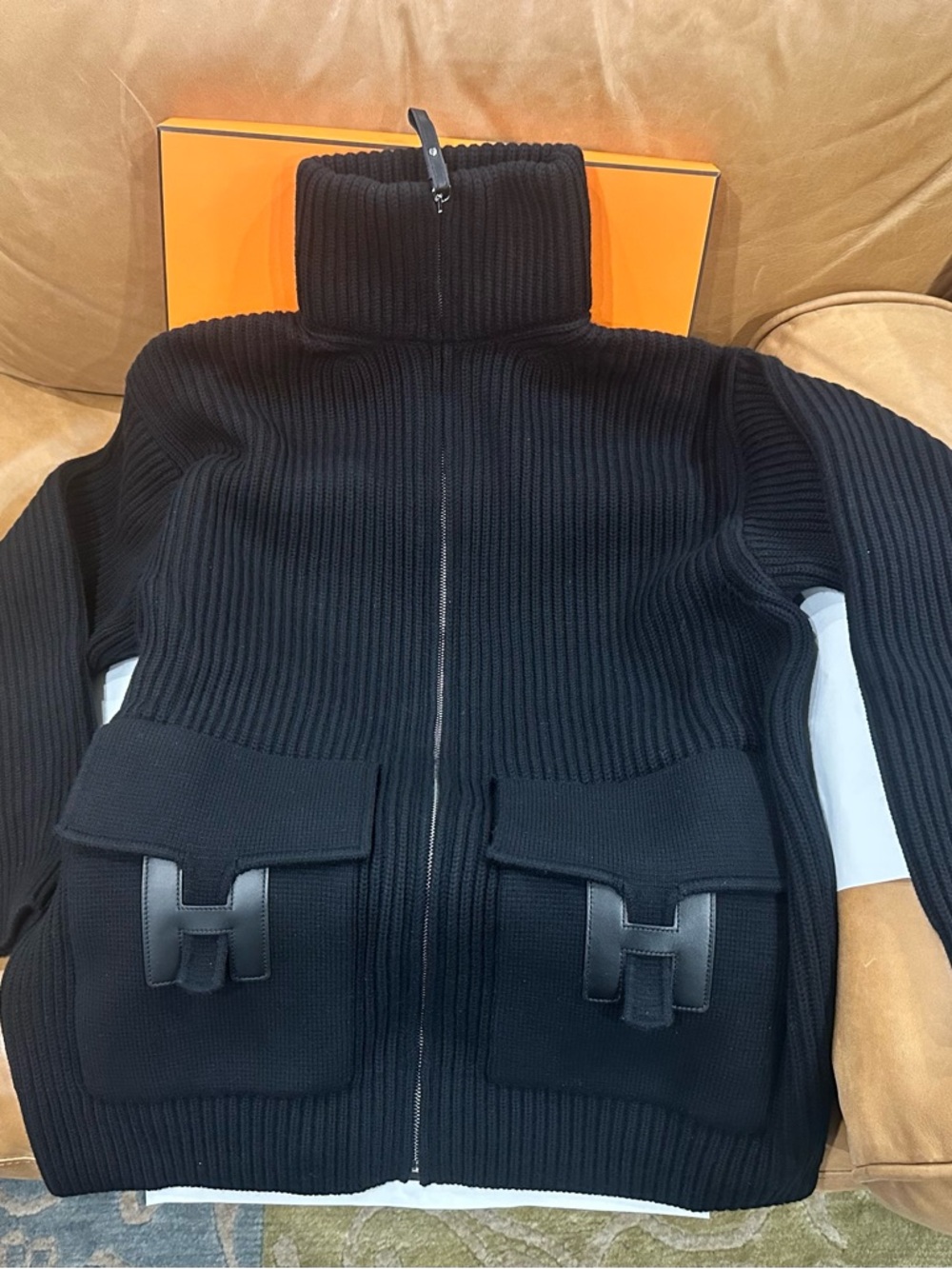 Hermes H pocket Black Zip-Front Sweater Jacket - Picture 2 of 7